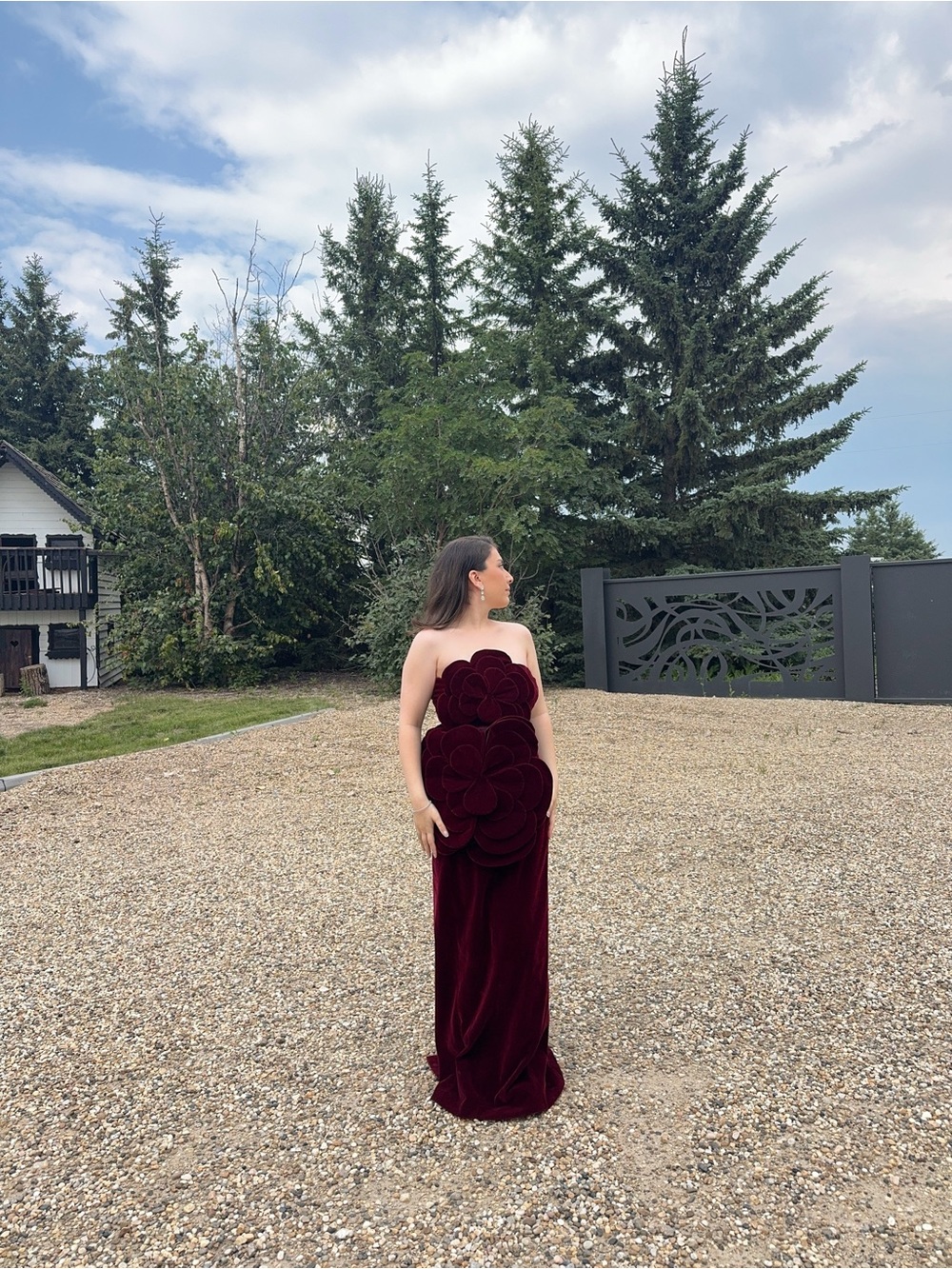 Miss Rossi Strapless Burgundy Velvet Gown with Floral Appliqué